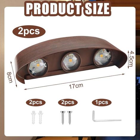 Appliques Murales LED Up Down 2 Pièces 6W 3000K Blanc Chaud IP65 Étanche Alliage d'Aluminium avec Finition Bois Luminaire Éclairage Mural Intérieur Extérieur pour Chambre Salon Balcon Couloir (1/5)