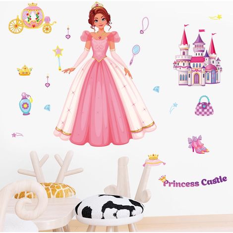 Lot de 2 stickers muraux princesse château pour chambre d'enfant, déco cartoon autocollant PVC, adhésif mural dessin graffiti (1/5)