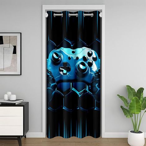 Jeux pour Garçons Bleu Game Console Rideau Porte,Jeux Cellulaires 3D Rideaux de Séparation de Chambre,Enfants Bleu Géométrique Rideau de Porte,Cool Salle de Jeux Vidéo Décor Rideau Occultant 86x203 - (1/5)