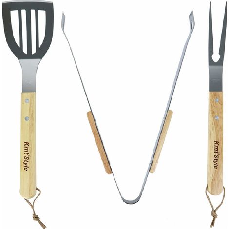 Trade Shop - Set 3 Attrezzi Griglia Barbecue Forchettone Pinza Spatola In Acciaio Manico Legno - (1/5)