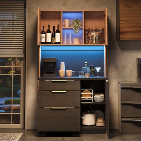 Armadio da cucina alto in MDF neutro, finitura effetto legno e cemento, piano nero, LED regolabile e presa UE (1/5)