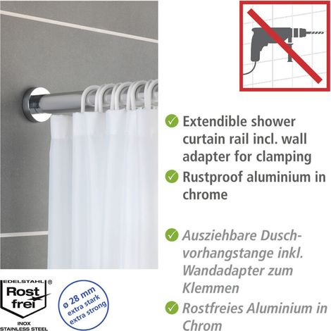 Barre de douche extensible 110-185 cm – Fixation sans perçage par torsion – Aluminium inoxydable et plastique – Finition chromée - 28mmx110-185cm