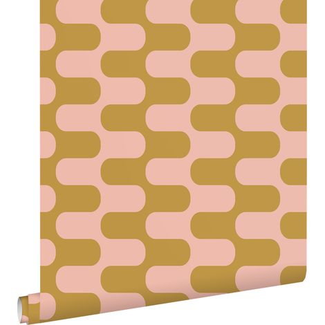 papier peint lignes ondulées jaune ocre et rose - ESTAhome