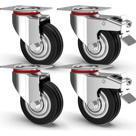 TRADE SHOP - Set 4 Ruote Piroettanti Per Carichi Pesanti Girevole 360° Con Freno 80x63x H90mm - (1/4)
