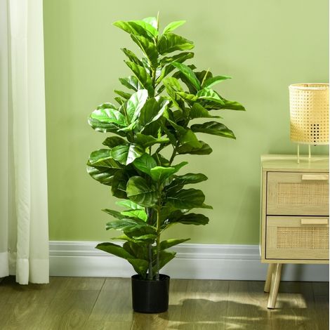 Pianta artificiale Ficus 110x19x19 cm, 90 foglie, con vaso in cemento, plastica verde (1/5)