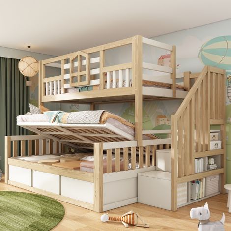 Lit superposé enfant 90x200 cm+140x200cm avec rangement - escalier avec rangement - blanc+naturel (matelas non inclus)
