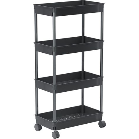 Chariot de Rangement Mobile à 4 Niveaux - Organiseur Coulissant - Chariot Utilitaire à roulettes pour Cuisine, Salle de Bain, Linge, Plastique et Acier Inoxydable, Noir (1/5)