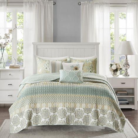 Parure de lit légère pour Toutes Les Saisons, Couvre-lit Respirant, taies d'oreiller Assorties, Oreiller décoratif, Coton, Rayures Vert/Jaune, lit Double/Grand lit (228,6 x 228,6 cm) (1/5)