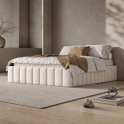 Letto matrimoniale 140x200 cm, con 4 cassetti e rete a doghe, senza testiera, in velluto beige, senza materasso (1/5)