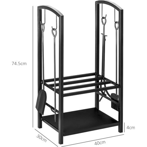 Portalegna da Interno ed Esterno in Metallo a 2 Ripiani, Porta Legna per Interni, Paletta, Scopa, Attizzatoio e Pinza, 40x30x74.5 cm, Nero (1/5)