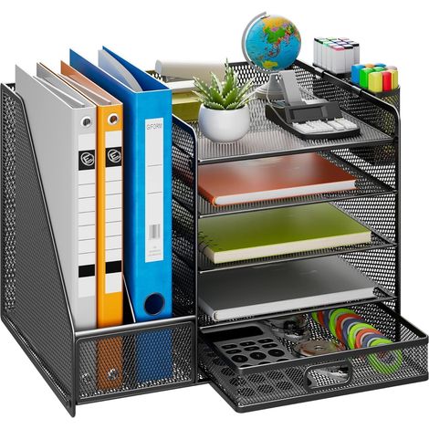 Organiseur de Bureau en Maille Avec Porte-Documents Vertical à 5 Niveaux, Tiroir et 2 Porte-Stylos - Pour Fournitures de Bureau, Maison ou École - Noir (1/4)