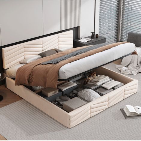 Bett 180x200 cm modern gepolstert in Beige, Samt mit hydraulischem Bettkasten, verstellbarem Kopfteil und Lattenrost (1/5)