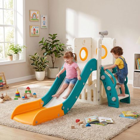 Kinderrutsche, Indoor & Outdoor Rutsche ab 1 Jahre, Freistehende Rutsche für 1-3 Jahre, mit Stauraum & Spielteleskope, Gartenrutsche, Kinder Spielplatz, mit 2PCS Moduls, Gelbgrün (1/5)