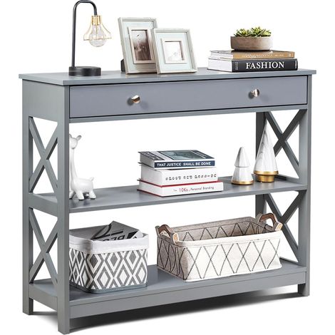COSTWAY Tavolo Consolle con Cassetto, Tavolo da Ingresso a 3 Ripiani, Tavolino per Divano per Ingresso Soggiorno Camera da Letto, Stile Vintage Industriale (Grigio) (1/5)