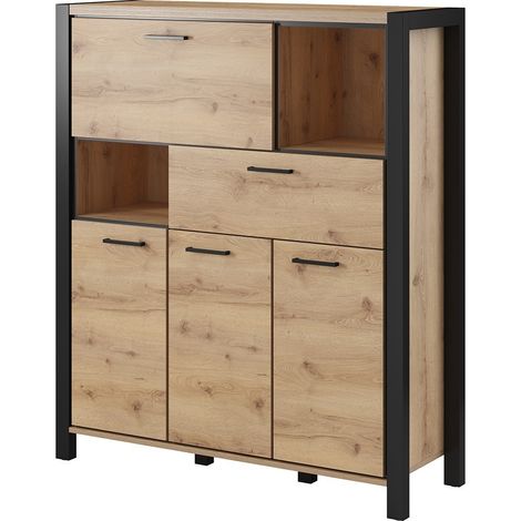Vitrinenschrank 4 Türen und 1 Schublade Kollektion TIVORA. Farbe Eiche und Schwarz.
