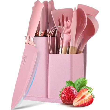 Set de Couteaux de Cuisine Rose 19 Pièces - Bloc, 6 Couteaux et 11 Spatules en Silicone - Ustensiles de Cuisine (1/5)