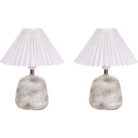 Conjunto de 2 lámparas de mesa de cerámica mesita de noche pantalla sintética de cúpula plisada gris y blanca Zeyi