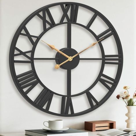 Grande horloge murale, 40 cm, squelette noir, moderne, décorative, grands chiffres romains, horloge murale silencieuse vintage pour salon, cuisine, bureau, chambre, cheminée, maison (1/5)