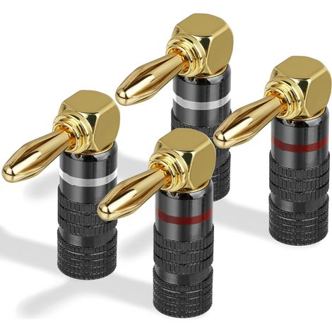 4 fiches banane 90° 4 mm plaquées or, connecteurs pour amplificateur, enceintes, audio stéréo