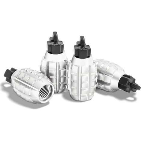 4 Pièces Bouchons Valve en Aluminium, Bouchons Valve en Forme De Grenade, Bouchons de Tige de Valve de Pneu, Anti-Poussière, pour Voitures, SUV, Vélos, Camions, Motos (Argent) (1/5)