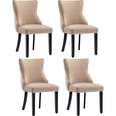 Chaise de salle à manger beige en velours, à 4 pieds, avec capitonnage à boutons, structure en bois massif, beige (lot de 4) (1/5)