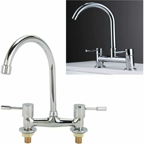 Kitchen Sink Taps 2 Hole 1/4 Turn Dual Lever Deck Mounted Hot & Cold Mixer Faucet Swivel Spout Black Taps (1/5)