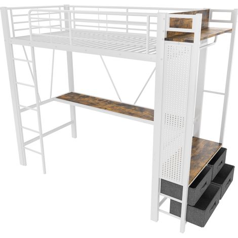 Hochbett 90 x 200 cm aus weißem Metall mit Schreibtisch, Schubladen, Regalen, LED und USB-C (1/5)