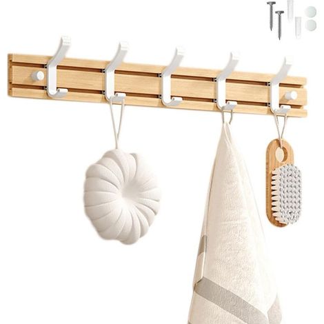 Porte Manteau Bambou Mural, Patères 5 Crochets pour Suspendre Vêtements, Peignoirs, Serviettes, Manteaux Crochet Mural pour Entrée, Chambre, Salle de Bain (Blanc-5 Crochets) (1/5)