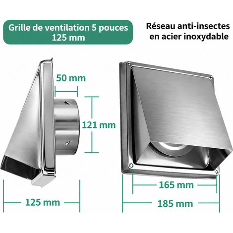 Grille d'aération murale extérieure inox 5 pouces 125 mm avec clapet intégré, grille anti-insectes et vis – 19 × 19 × 12 cm – Livraison gratuite (1/5)