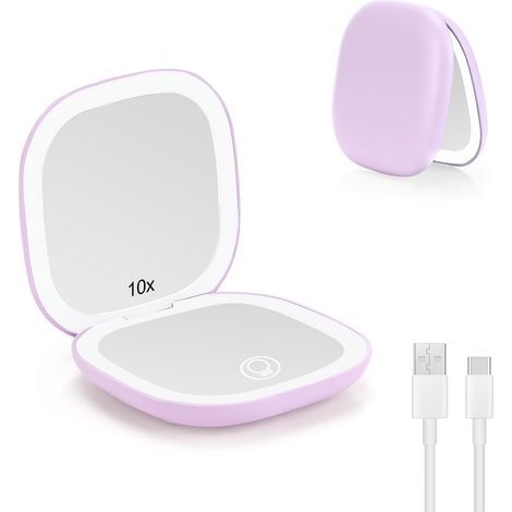 LED Miroir Grossissant, 1X/10X Miroir de Poche Chargement USB, 3 Lumières Réglable, Interrupteur Magnétique Pliable de Maquillage, Portable Grossissant de Voyage (Violet) (1/5)