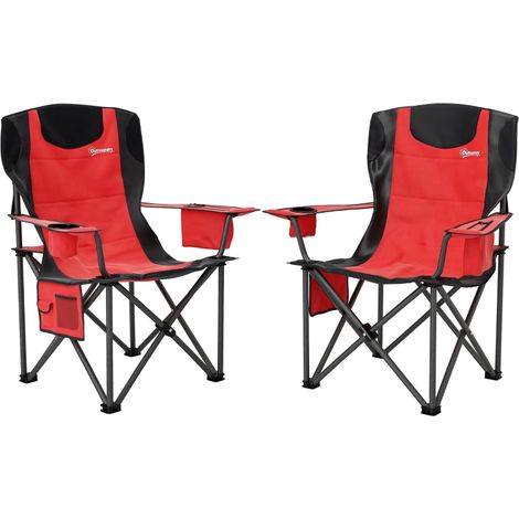 Set of 2 Folding Camping Chairs, Padded Camping Chairs with Adjustable Armrests, Portable & Lightweight Folding Camp Chair with Cooler Bag, Cup Holder and Side Pockets, Red (1/5)