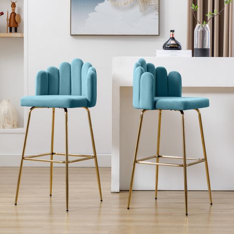 Barhocker 2er-Set aus Samt mit Metallbeinen, blütenblattförmig, Tiffany-Blau (1/2)