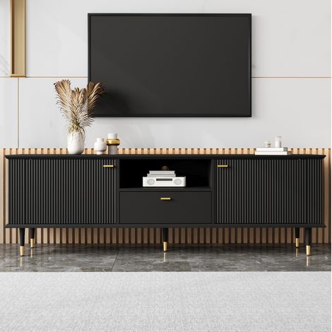 Mueble TV 170x36x54 cm negro en MDF lacado con puertas, cajón, hueco abierto y cierre suave (1/5)
