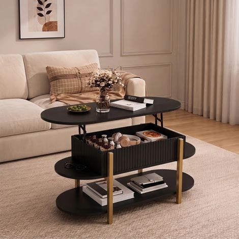 Table basse relevable 106x45x50 cm, plateau ovale avec tiroir caché et étagère de rangement pour salon, bois et pieds en métal doré, Noir (1/5)