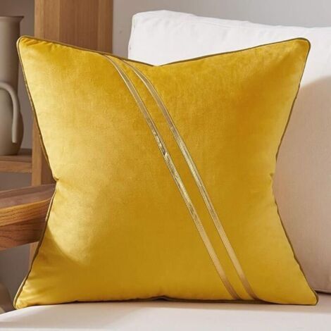 Cushion Cover 18x18 Inches, Yellow and Gold Velvet, Leather Lines, Luxurious, Decorative for Sofa, Living Room, Bedroom (1/5)