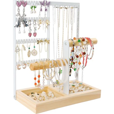 Présentoir à Bijoux, Présentoir à bijoux porte-chaîne avec Base en Bois, Porte Collier Boucles d’Oreille, Organisateur de Bijoux pour bagues