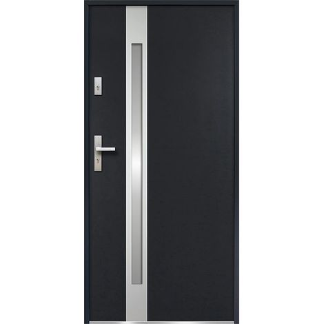 Porte d'entrée en acier vitrée avec inox H207 x L100 cm - verre dépoli - anthracite - épaisseur 55 mm - poussant droit - BRAGA