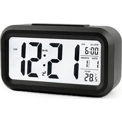 Réveil numérique 12/24 heures, horloge de table de chevet avec rétroéclairage LCD, affichage de la date, calendrier et affichage de la température (noir) (1/5)