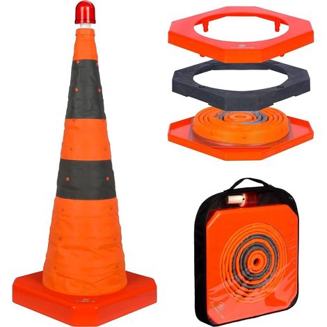 1 x Cône de Signalisation Pliable 70 cm avec LED, Cône de Sécurité à Base ABS Lourde (1,8 kg), Résistant au Vent et Réfléchissant, pour Panne Automobile, Parking et Chantier (1/5)