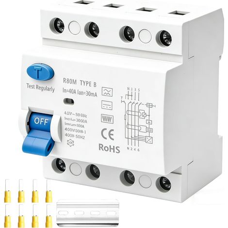 Disjoncteur FI type B 40 A 30 mA 4 pôles, R60-4P-40A-30 mA type B, interrupteur Fi, classe de protection RCD, disjoncteur différentiel DIN rail DIN (1/5)