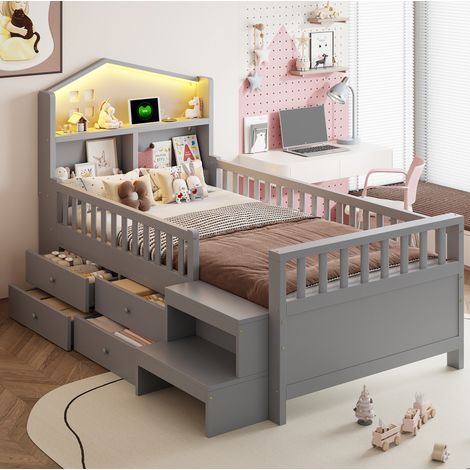 Lit enfant 90/200 cm gris en bois massif avec tiroirs, marches et éclairage intégré (1/5)