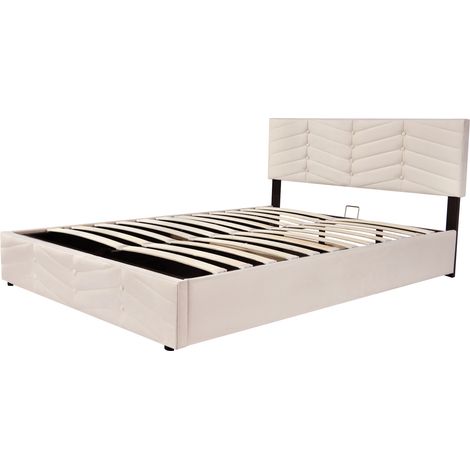 Cama tapizada 140x190 cm en terciopelo beige con somier de lamas y cabecero regulable (1/5)