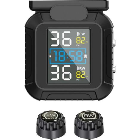 Motorcycle TPMS Système de Surveillance de la Pression des pneus sans Fil pour Moto chargeable par et USB Moto TPMS avec 2 capteurs externes Affichage LCD numérique TPMS pour Moto à Deux Roues (1/5)