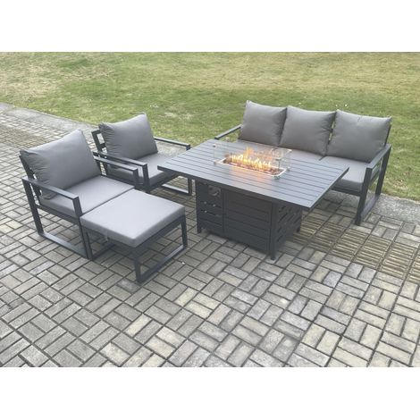 Fimous Aluminium Outdoor Garden Furniture Set Gas Fire Pit Dining Table Set Gas Heater Burner with 2 Arm Chair Big Footstool Dark Grey 6 Seater (1/5)