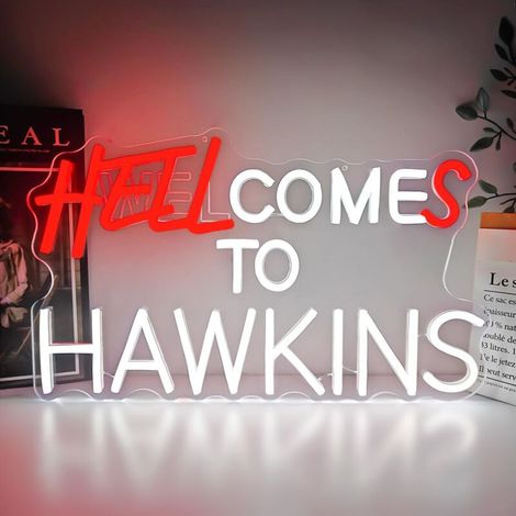 Enseigne néon pour chambre ou salle de jeux — Avec variateur — « Hell Comes to Hawkins » — Enseigne LED effrayante pour la maison, « Man Cave » ou cadeau pour fans de cinéma (1/5)