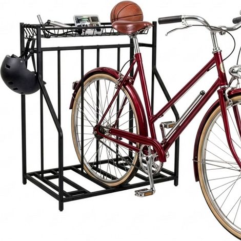 Bike Rack Stand - Adjustable Slots, Basket and 6 Hooks (1/5)