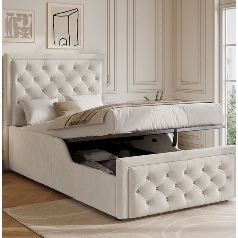 Letto singolo imbottito per bambini in velluto beige 90x200 cm con testiera capitonné, rete a doghe e vano contenitore idraulico