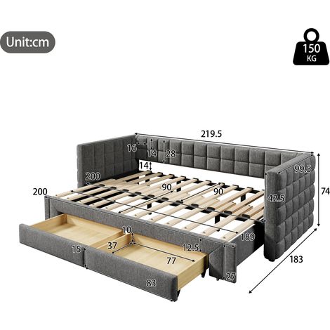 MEUBLIV Cama sofá 90x200 cm gris extensible con 2 cajones, sin colchón (1/5)