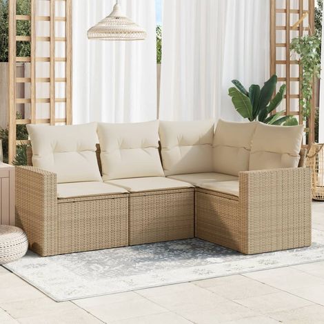 vidaXL 4-tlg. Garten-Sofagarnitur mit Kissen Beige Poly Rattan (1/3)