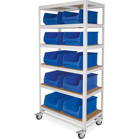 BRB Etagenwagen mit 6 Ebenen, BxTxH 900x500x1905 mm, 4 Lenkrollen, 2 mit Feststellbremse, lichtgrau, bestückt mit 10 bunten Sichtboxen LB2, BxTxH 300x500x200 mm (Blau)